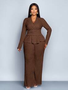 SOLERSUN 大码女装秋冬优雅条纹V领长袖T恤和阔腿裤两件套，不对称下摆两件套，休闲日常穿着，女装冬装女装秋装，包裹性，扭纹，腰带，黑白条纹提花纹理面料，日常穿着，通勤，购物 - 咖啡棕 - 查看 5