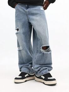 SUMWON Jeans de pierna ancha de color azul claro desgastado con detalles de rodilla rasgada para moda casual de calle - Azul - Ver 5