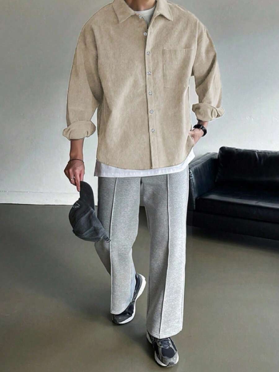 DAZY Áo sơ mi nhung kẻ trơn màu dành cho nam, mùa thu - Màu be - Xem 1