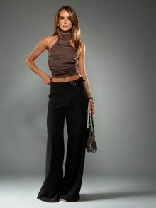 MISSGUIDED High Waisted Wide Leg Trousers With Buckle Belt Detail For Office Casual Wear