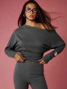 MISSGUIDED Off Shoulder Long Sleeve Sweatshirt For Fall Winter Casual Pullover Top - Dark Grey - View 3