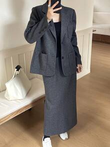 DAZY 女式简约通勤翻领喇叭袖夹克和裙子两件套，秋季 - 灰色 - 查看 3