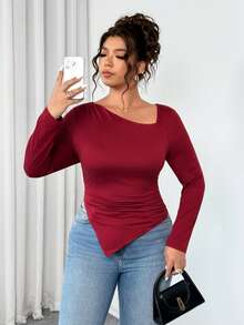 Cravure Christmas Plus Size Women Asymmetric Neck Ruched Waist Sexy Elegant Slim T-Shirt