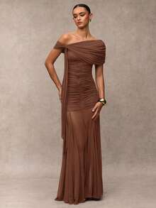 SHEIN BAE 女士纯色褶饰不对称优雅长裙 - 棕色 - 查看 5