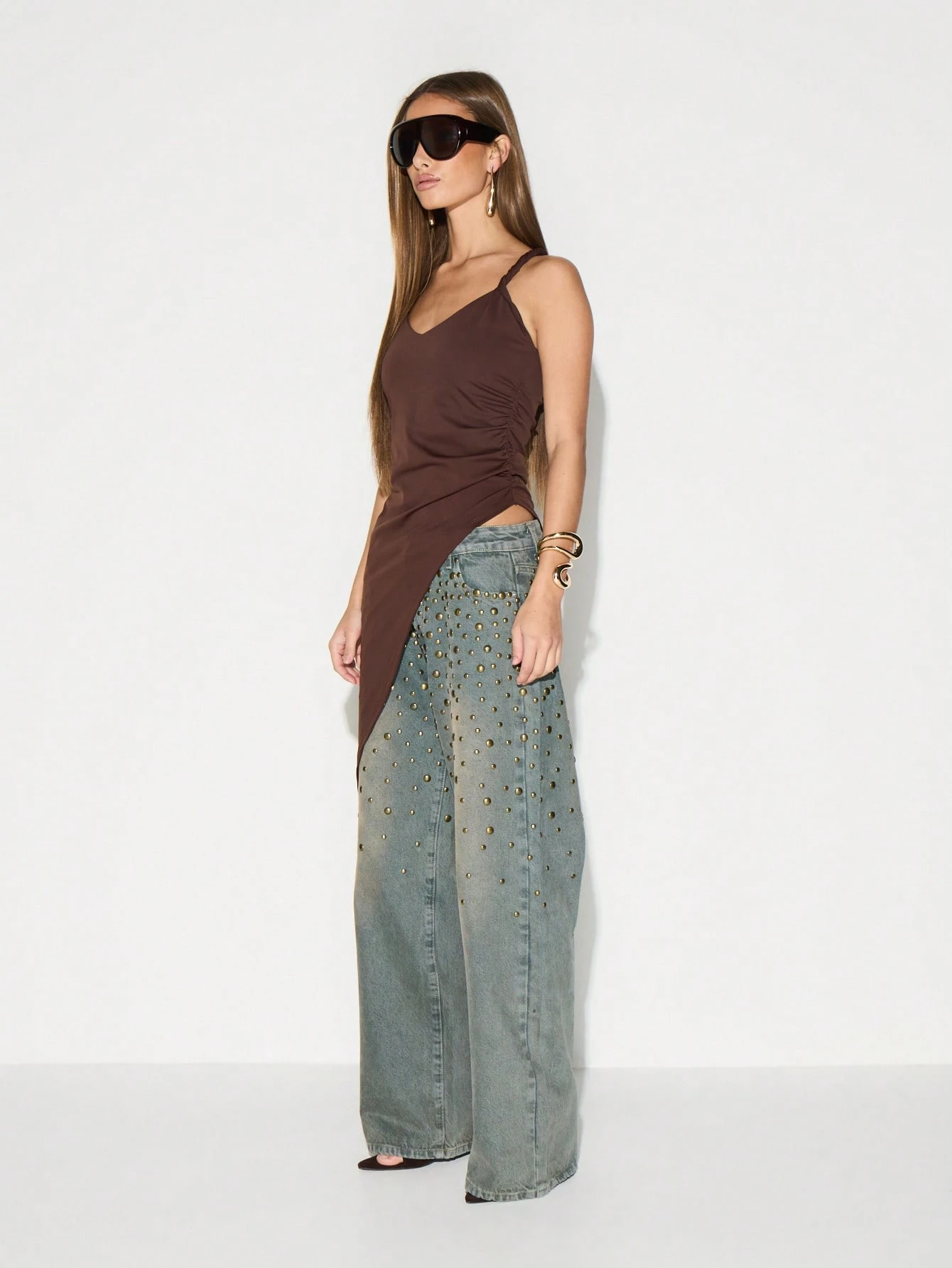 KIZN Twist Strap Asymmetrical Ruched Tank Top