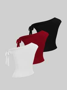 Sweetra 女式纯色系带褶饰三件套 T 恤 - 彩色 - 查看 2