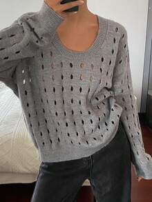 DAZY Women's Solid Color Loose Hollow Out Long Sleeve Casual Street Knit Sweater, Autumn/Winter - Grey - View 6