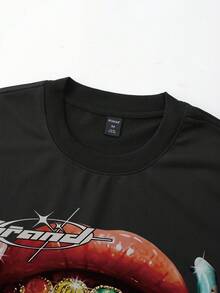 ROMWE MEN Street Life Men's Sparkling Diamond Print Loose Cropped Long Sleeve T-Shirt - Black - View 3