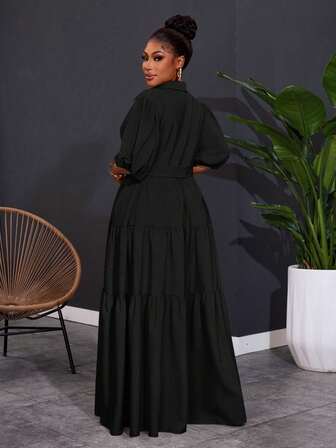 SHEIN CURVE+ 2025 大码女式纯色短袖春季 A 字形褶皱拼接长裙，曲线加大，波西米亚度假大码黑色连衣裙大码孕妇装黑色孕妇装孕妇装