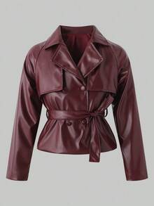 SHEIN 1 件女童仿皮时尚个性翻领双排扣腰部设计酒红色内衬双层短夹克，适合秋冬季、户外、学校、旅行、派对、通勤、必备飞行员夹克 - 酒紅色 - 查看 6