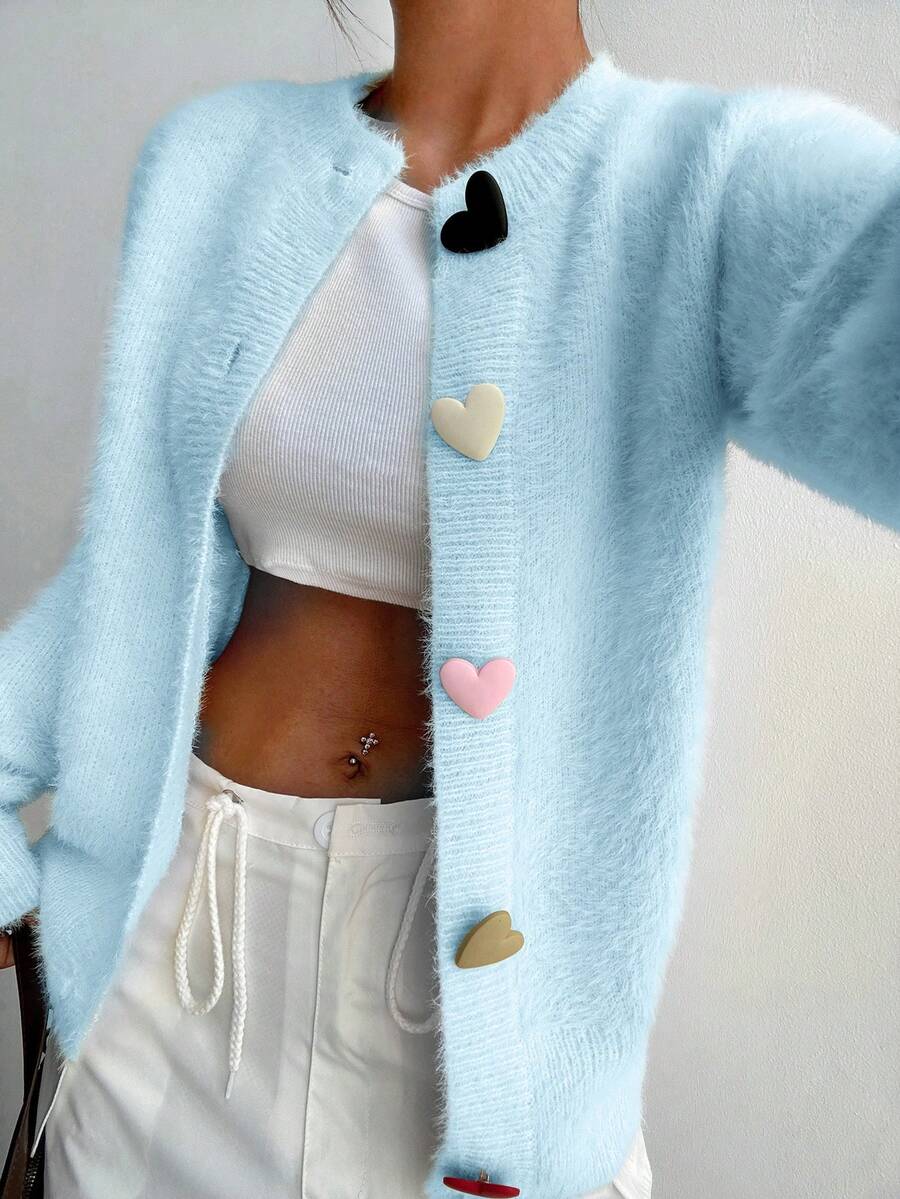SHEIN Unity Cárdigan de punto casual con botones en forma de corazón de colores, de manga larga, para otoño/invierno - Azul - Ver 1