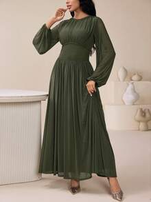 女士优雅纯色束腰阿拉伯风格连衣裙 - 軍綠色 - 查看 3