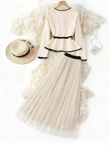 Franclia Bộ 2 món váy midi xếp ly lưới phối màu tương phản, thanh lịch, sang trọng, đa năng, đi làm hàng ngày, họa tiết chắp vá, eo thắt chặt, tay dài, có cạp chun, thu/đông - Màu be - Xem 2