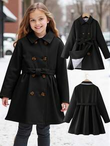 SHEIN Serisse Kids 青少年女孩纯色简约长款翻领外套，适合秋冬季日常穿着、休闲场合和返校季，保暖效果佳 - 黑色 - 查看 9