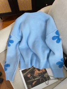 Resyla Casual Pearl Flower Decor Crew Neck Sweater For Women - Blue - View 2