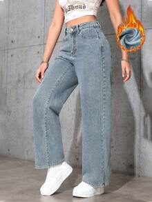 Jeanoix 女式高腰口袋阔腿宽松休闲百搭牛仔裤 - 淺色水洗藍 - 查看 6