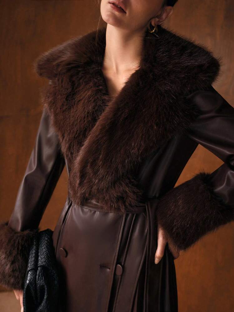 Women's Elegant Long Coat With Fur Collar, Pleated Patchwork And Tie Belt, Autumn/Winter