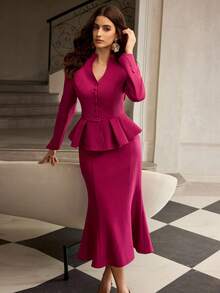ZEYLAH Set de 2 piezas: Chaqueta tipo blazer con cintura ceñida en forma de X y falda ajustado, para otoño/invierno - Rosa Fucsia - Ver 8
