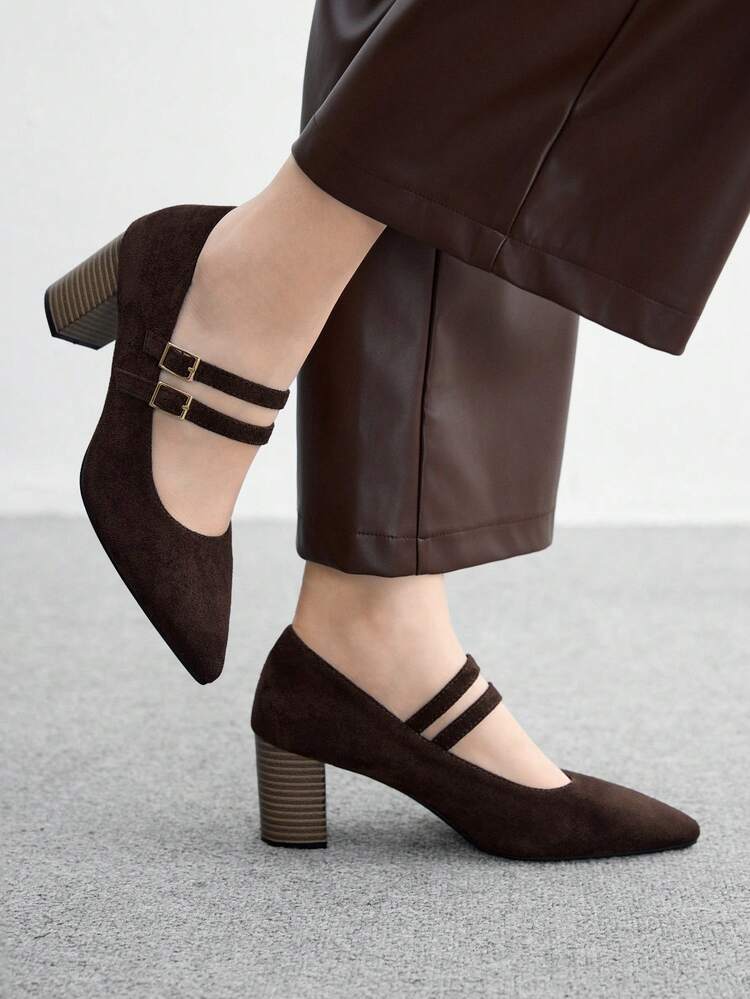 CUCCOO BIZCHIC Women's Fashion Coffee Color Pointed Toe Wood Grain Chunky Heel Mary Jane High Heels, Suitable For Commuting, Dating, Party, Holiday, Shopping For Christmas Spring Shoes