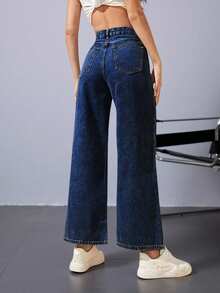 Jeanoix Quần jean denim ống rộng màu trơn có túi - Rửa tối - Xem 2