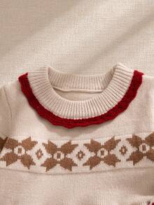 Souflis Souflis 女婴针织连衣裙，圆领长袖提花毛衣裙，红色针织蕾丝边毛衣裙，适合圣诞节、日常穿着、外出、聚会、节日，可作为礼物 - 杏色 - 查看 6