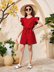 Sparklyn Girls' Round Neck Sleeveless Ruffle Hem Belted Jumpsuit, Vacation