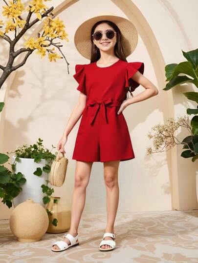 Sparklyn Girls' Round Neck Sleeveless Ruffle Hem Belted Jumpsuit, Vacation