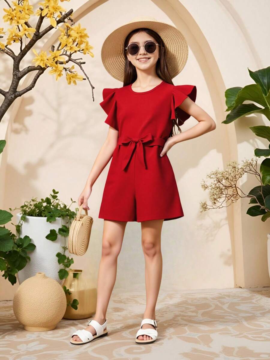 Sparklyn Girls' Round Neck Sleeveless Ruffle Hem Belted Jumpsuit, Vacation