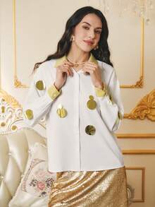 Penseblé Blusa de manga larga con botones y lentejuelas de color contrastante para mujer - Blanco - Ver 3