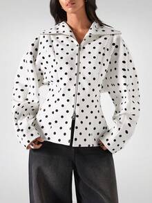 LYSMO Áo khoác dài tay nữ mùa đông tối giản họa tiết chấm bi đen trắng, khóa kéo, kiểu dáng thường ngày, mẫu mới 2025, thích hợp cho đi chơi, phong cách đường phố và diện trong mùa đông, đón năm mới hoặc Giáng sinh. - Đen và trắng - Xem 5