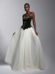 Elitara 优雅复古天鹅绒露肩荷叶边领分层 A 字系带连衣裙，适合晚会、音乐节、宴会、商务活动和各种场合 - 彩色 - 查看 5