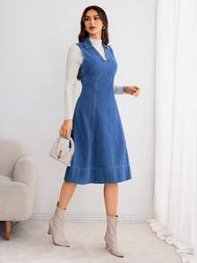 Selianne V领束腰水洗牛仔连衣裙 - 中等水洗藍 - 查看 1