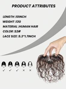 Tóc giả che đỉnh đầu bằng tóc thật, dài 10 inch, kiểu xoăn, làm thủ công, màu nâu, kích thước ren 5.3*1.7 inch. - S2 - Xem 3