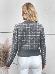 EMERY ROSE 休闲格子前扣圆领贴袋开衫，秋冬 - 深灰色 - 查看 2