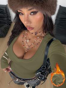 Coolane 女款 Y2K 街头风格树枝图案紧身 V 领 T 恤 - 軍綠色 - 查看 4