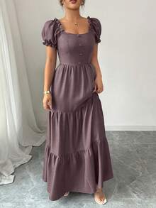 Elenzga 女士优雅长裙，独特领口，多层拼接，荷叶边饰边，修身设计/垂坠/分层/假日装/波西米亚风/浪漫花卉/度假休闲 - 淡紫色 - 查看 4