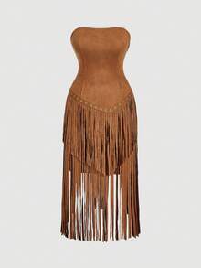 SHEIN MOD Plus Size Women's Fashionable Brown Suede Fringe Tube Dress,Vintage Suede Fringe Dress, Strapless Western Fashion Dress,Autumn/Winter Fringe Outfits Women Tassel Outfit Cochella Outfit Brown Outfit Women,Women's Summer Dresses - Brown - View 6