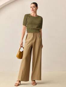 BizChic Áo len nữ cổ tròn một hàng khuy họa tiết kim cương bất đối xứng màu xám-xanh lá cây mới thu/đông 2025, thiết kế trang trí, thời trang & thanh lịch, phù hợp cho công sở, thường ngày, văn phòng, tiệc tùng, bãi biển, đám cưới, ngày l, thứ sáu đen tối - xanh quân đội - Xem 4