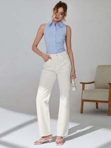 EURMUSE 100%Cotton Slant Pocket Straight Leg Jeans - White - View 4