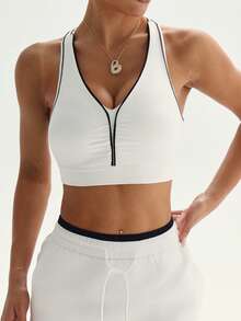 Dewbera Sutien sport pentru femei cu panou frontal încrețit, bretele contrastante, perne detașabile, design răsucit la spate, potrivit pentru ținute casual zilnice, alergare, yoga, sală de sport, tenis, golf și alte activități