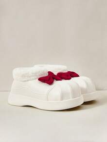 OUTDOORSY 蝴蝶结毛茸茸雪地靴，带保暖内衬，时尚百搭，适合户外穿着，女士圣诞鞋，适合圣诞节和新年假期氛围秋冬季 - 米色 - 查看 5