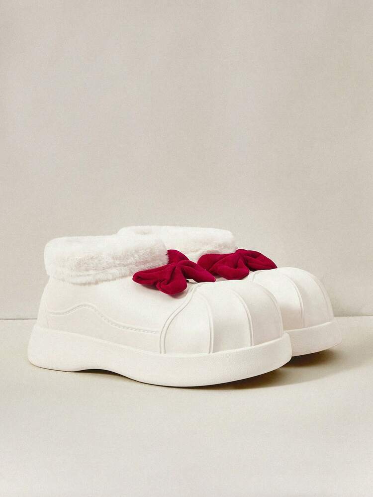 Bow Furry Snow Boots With Thermal Lined, Fashionable And Versatile For Outdoor Wear, Women Christmas Shoes For Christmas And New Year Holiday Vibe Fall And Winter