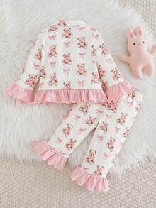 2pcs Baby Girl Cartoon Bear Pattern Contrast Color Lapel Long Sleeve Cardigan Top And Elastic Waist Pants Set Cozy Pixies Baby Girl Set Baby 2 Piece Set Fancy Baby Girl Pajama Set Baby Girl Warm Sets Baby Girl Long Sleeve Set - Multicolor - View 2
