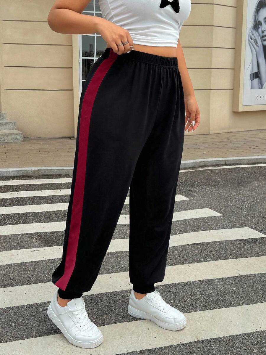 SHEIN EZwear Plus Size Casual Versatile Color Block Drawstring Sweatpants - Multicolor - View 1