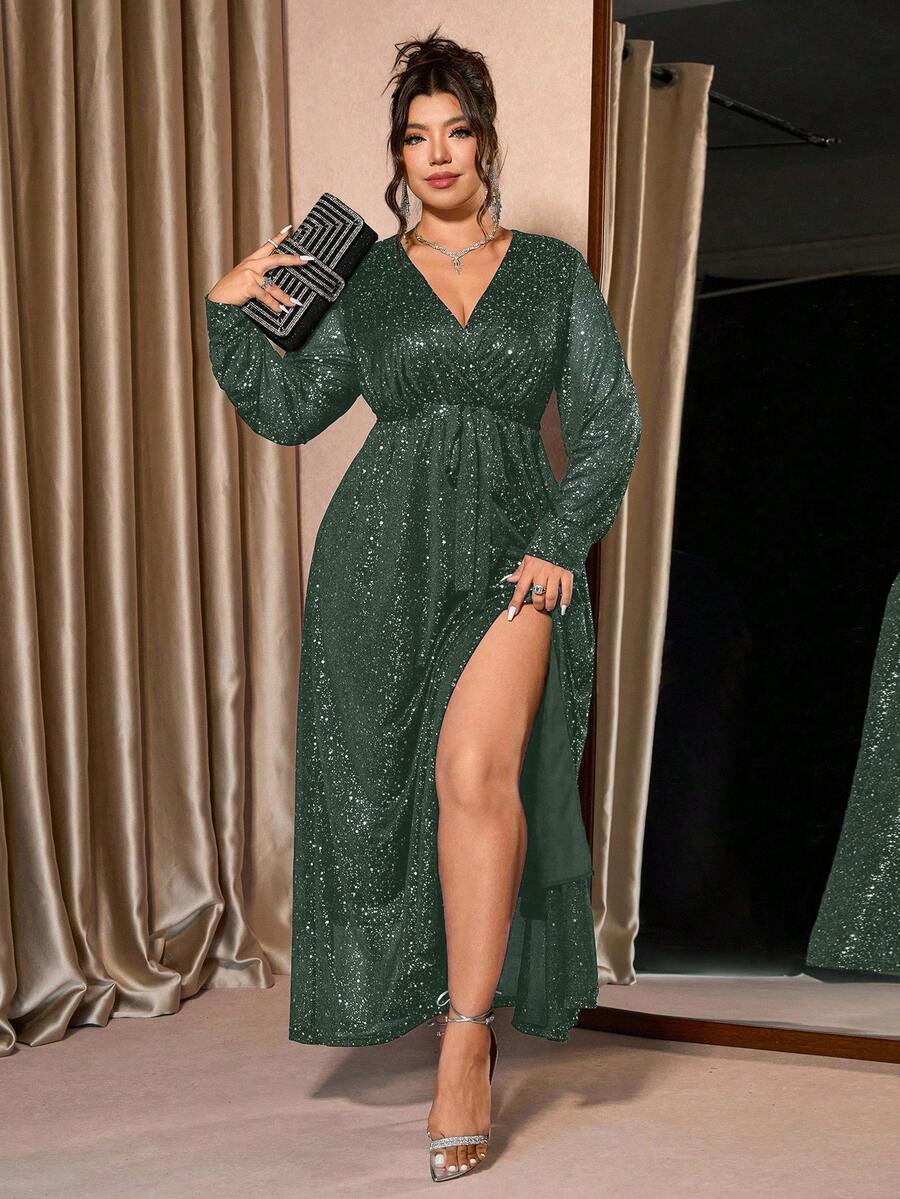 Cravure 大码优雅金箔V领高开衩长袖连衣裙 - 墨綠色 - 查看 1