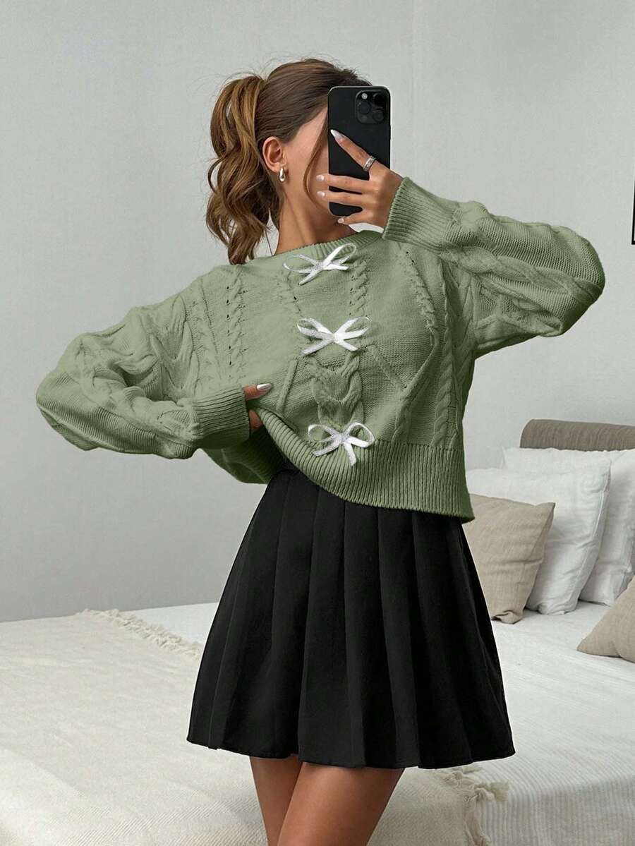 EURMUSE Suéter de mujer con nudo de lazo y punto de cable - verde menta - Ver 1