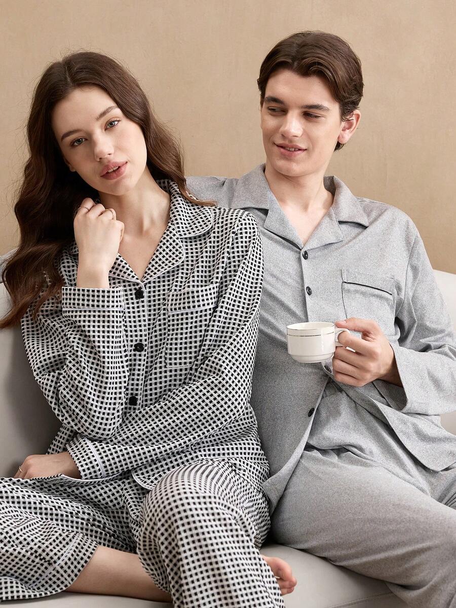 EverLounge Women's Collared Bubble Chiffon Pajama Set, Retro British Style Long Sleeve Top And Pants Fall Winter Clothes - Black and White - View 1