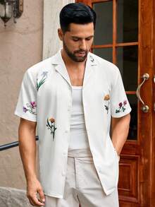 Manfinity NXTstreet 男士休闲个性化图案印花衬衫，夏季 - 白色 - 查看 2