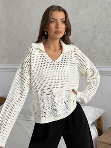 EURMUSE Damen einfarbiger Pullover mit Polokragen, Ausschnitt, Drop-Shoulder - Creme - Übersicht 3
