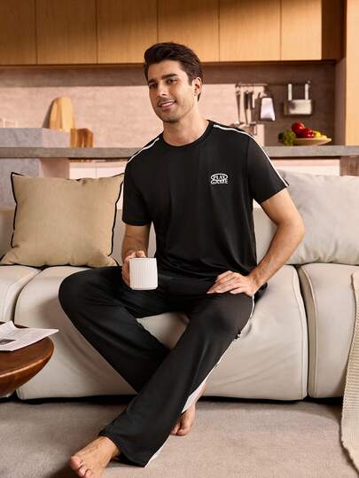 Manfinity Underwear&Sleepwear Basics 男士休闲撞色圆领短袖长裤睡衣套装